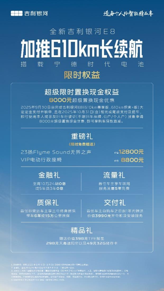 【吉利银河E8加推两款610km长续航版型 指导价16.18万元起】银河吉利e8