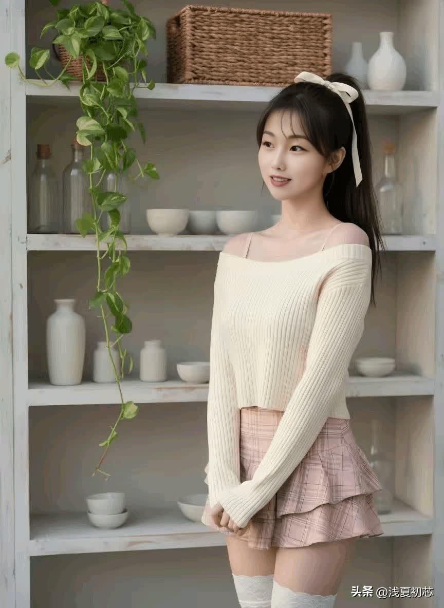 清新少女风，米色毛衣搭配粉色短裙，甜美可爱！🌸💕