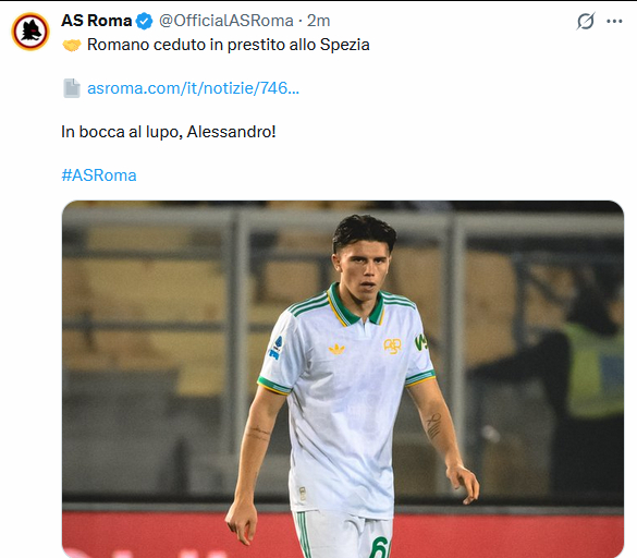 罗马官方宣布罗马诺租借加盟意乙斯佩齐亚，纯租借无买断条款。 