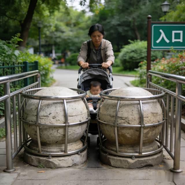 多此一举？公园门口石墩外加护栏引争议，便民还是添堵？
 
公园门口本就摆着石墩拦