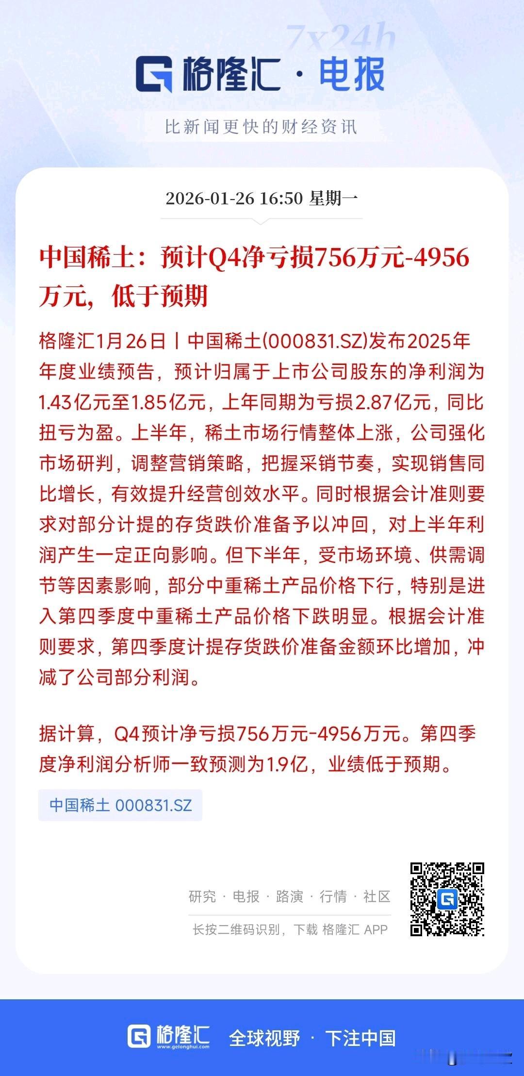 稀土龙头出现重大利空消息，业绩远远没有达到预期
中国稀土公布了四季度业绩，远远没
