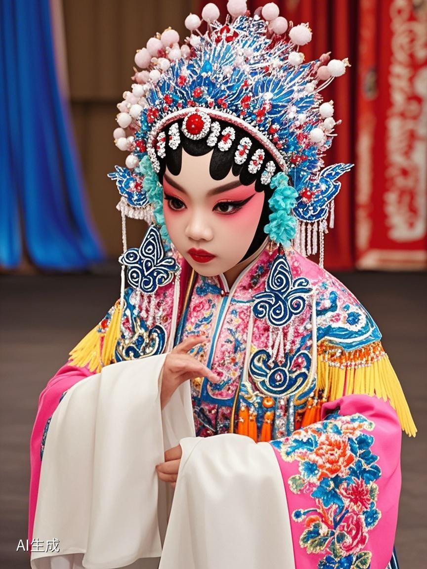 AI写真辑舞台上，头饰衣袂翩然；当少儿爱上传统戏曲时，你觉得我们传统文化还会失传