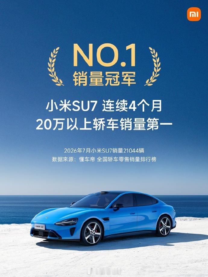 小米SU7 7月销量21044辆连续四个月20万以上轿车销量第一稳扎稳打，这个成