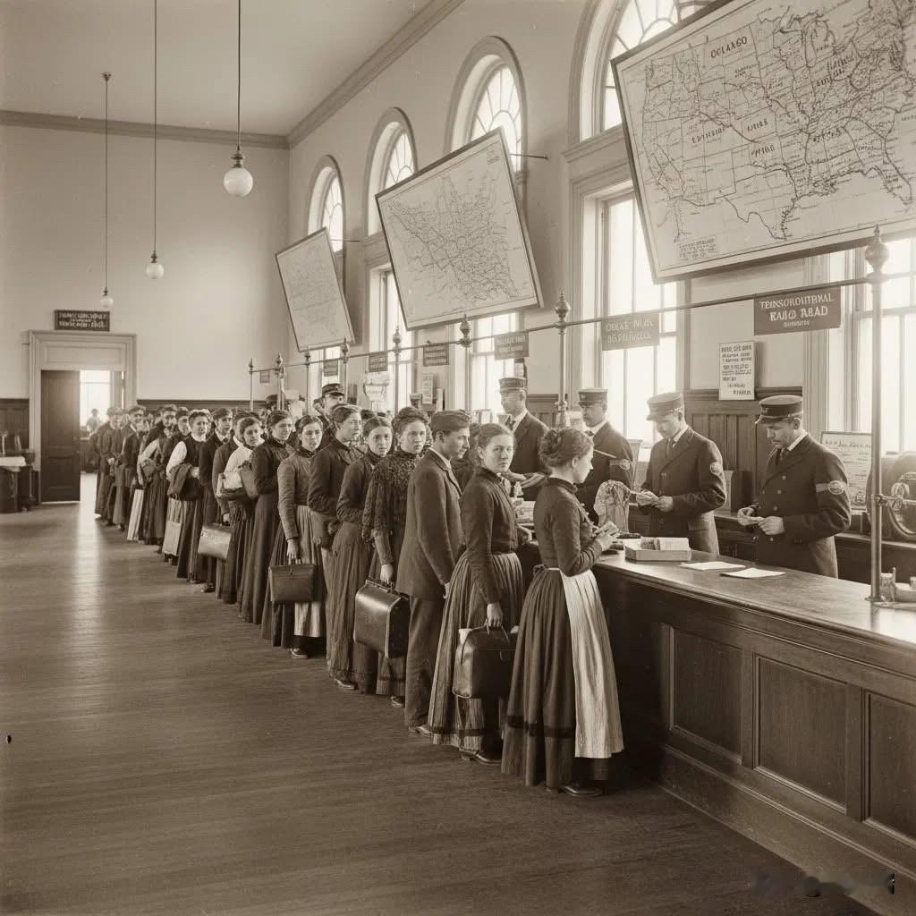 这是一张历史照片，摄于1911年左右的埃利斯岛移民站铁路候车室。

照片展示了准