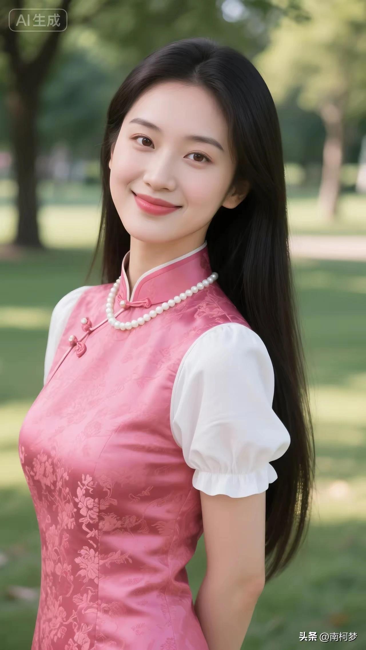 出水芙蓉。亭亭玉立。
旗袍少女，笑靥如花。
眉清目秀，美若冠玉。
冰肌玉骨，明眸