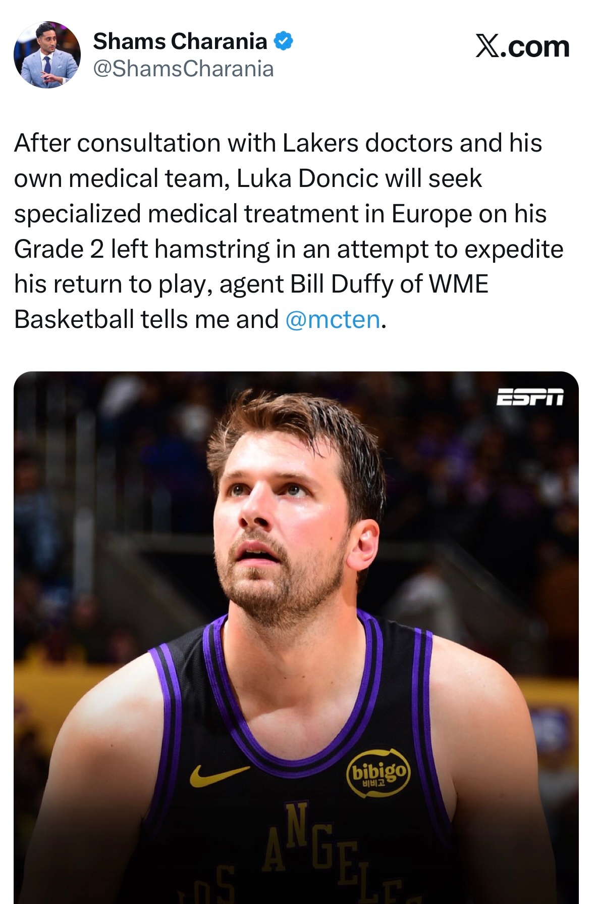Shams：在与湖人队队医及个人医疗团队会诊后，东契奇将前往欧洲，针对自己的二级