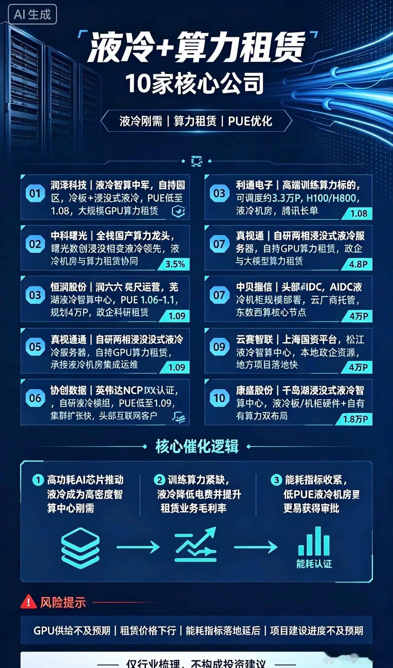 液冷+算力租赁10家核心公司1、润泽科技液冷智算中军，全国多座自持智算园区，冷板