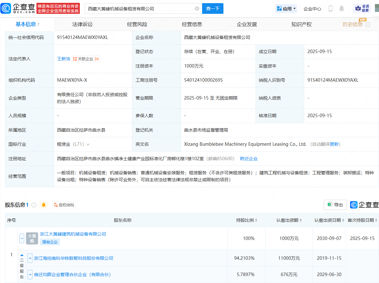 海南华铁在西藏成立机械设备租赁公司