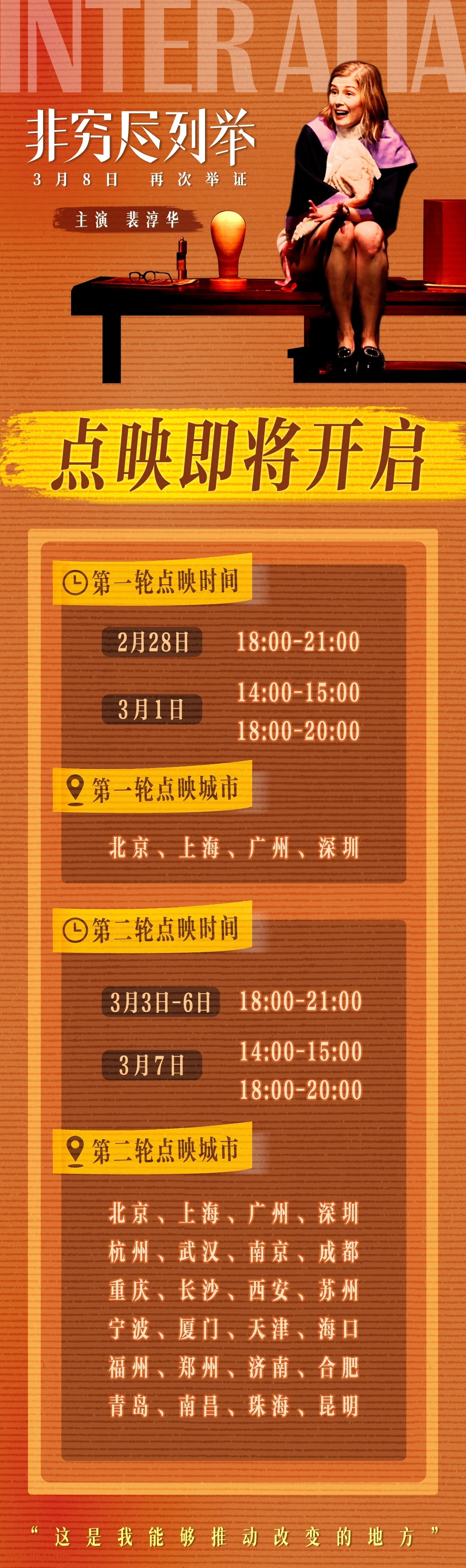 新现场非穷尽列举 2月28日起开启部分城市的点映，周末大家有看的了！ 