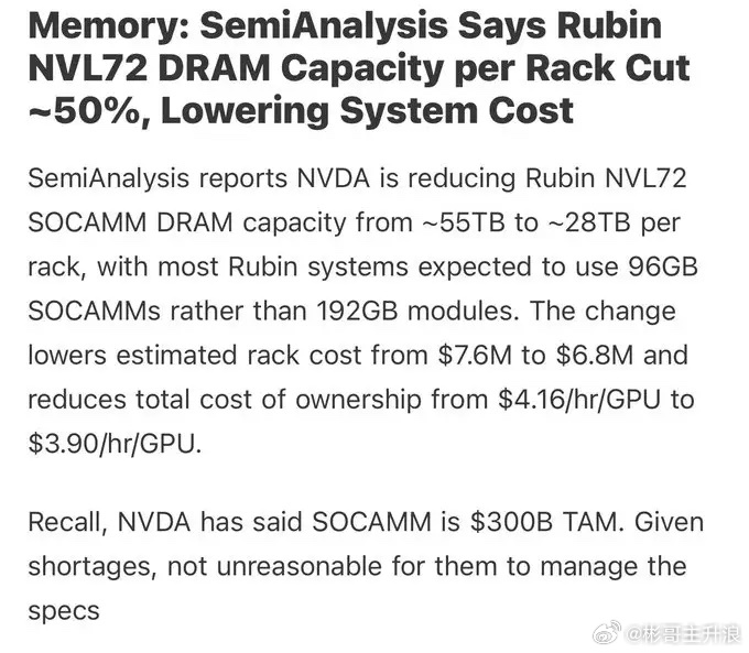SemiAnalysis 报告指出，英伟达(NVDA)正将RubinNVL72 