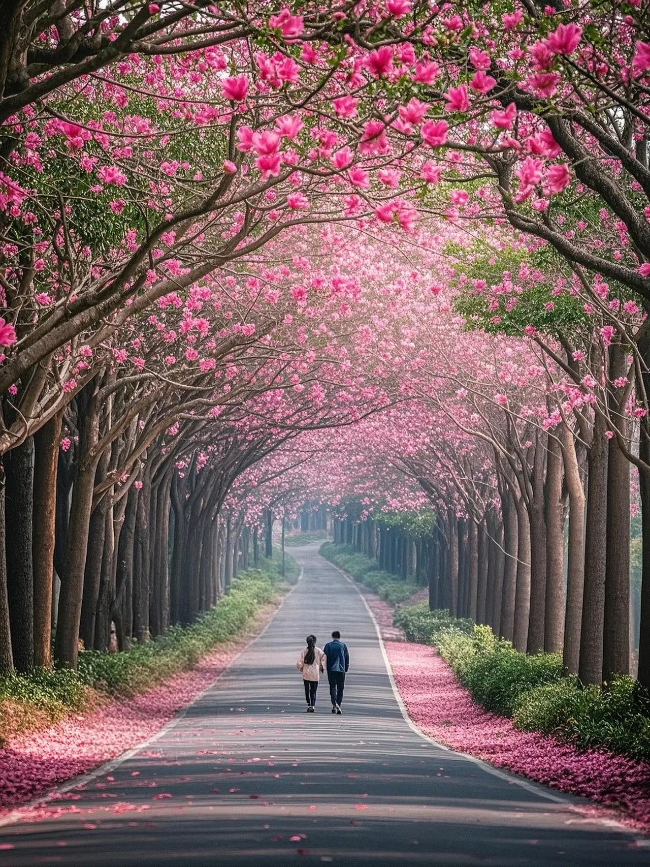 秋天的异木棉花如霞似锦如火如荼，春华秋实，在一阵不经意的微风吹过后，落英缤纷，仿