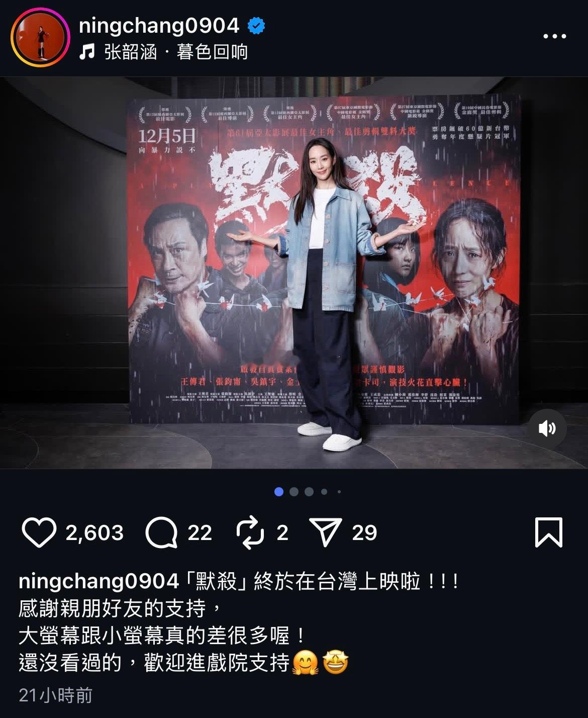 柯汶利导演，王传君、张钧甯领衔主演版电影《默杀》于12月5日在中国台湾地区上映此