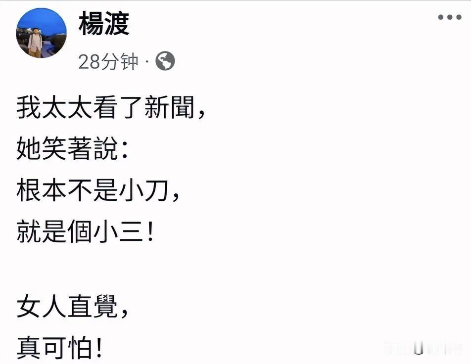 字很少，信息量很大。 

马英九好朋友杨渡今天（5月27日周三）发文：我太太看了