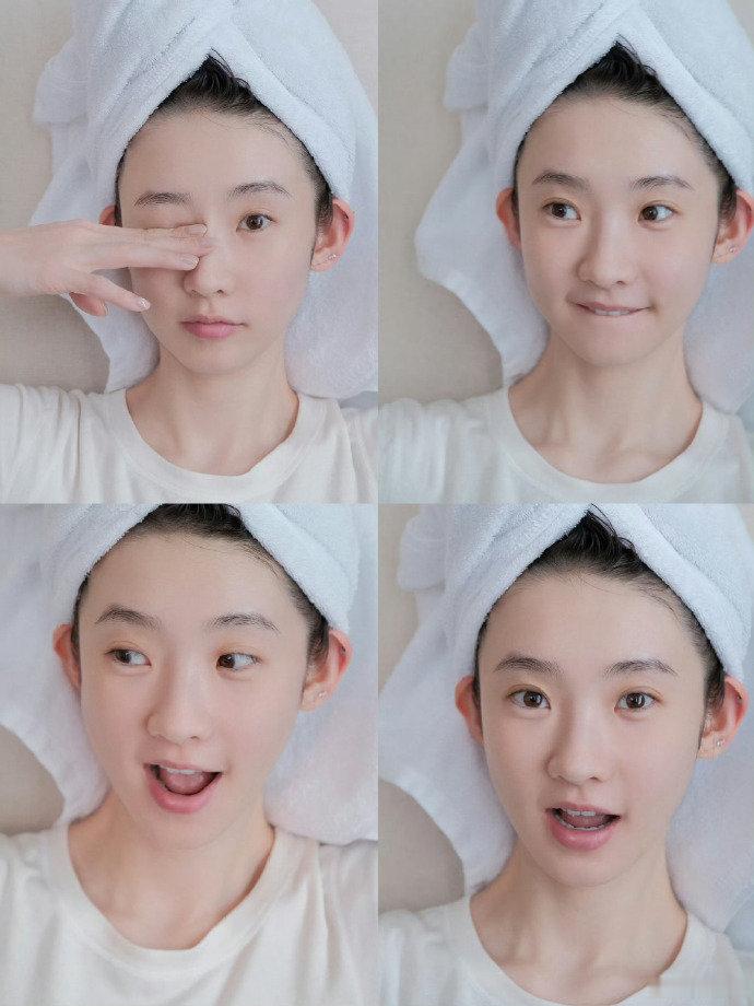 张艺凡元气甜妹造型张艺凡素颜四宫格 软萌甜美，像乖乖软软的童话里的小公主 