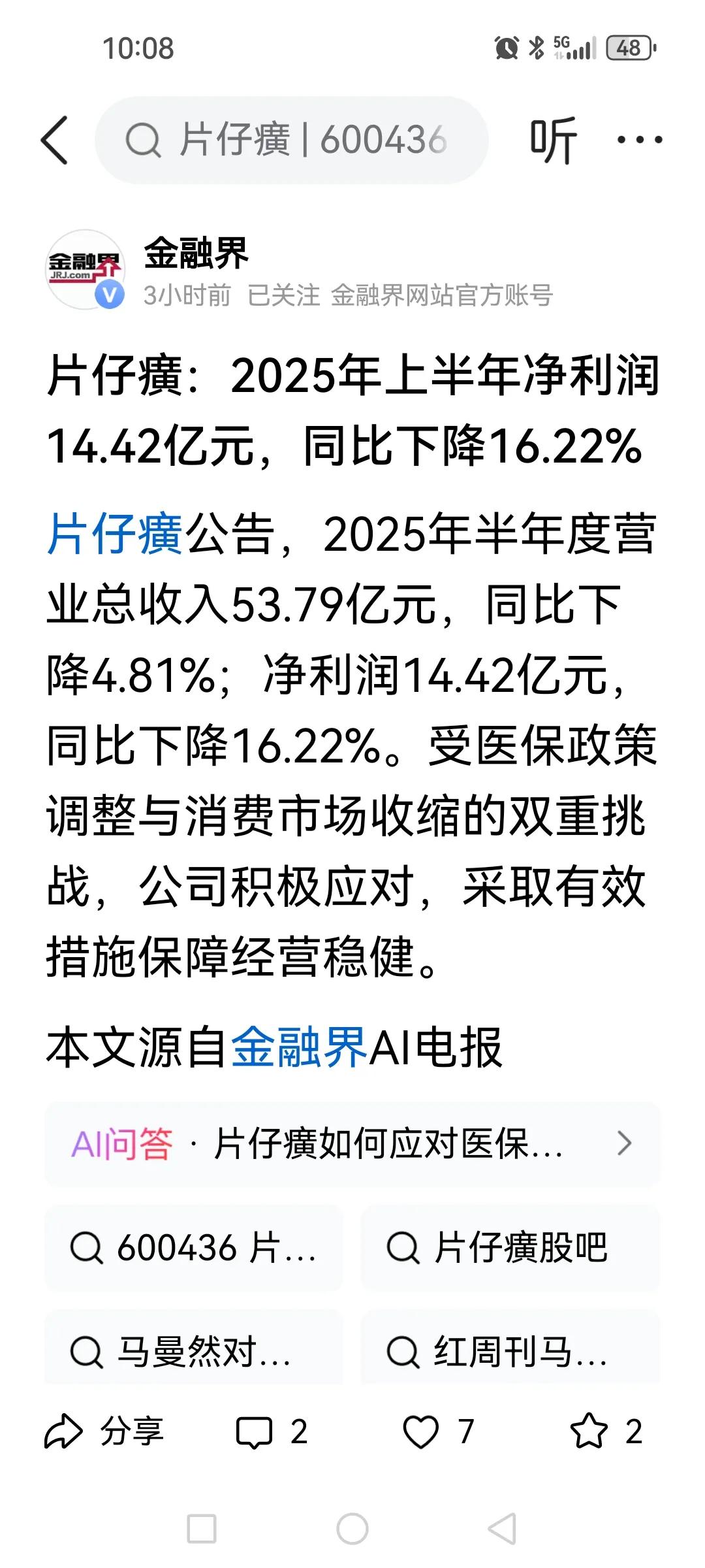 片仔癀，中报利润降16%，一季度还微增2%多，幸好吃了几个点跑得快，不然又踩雷了