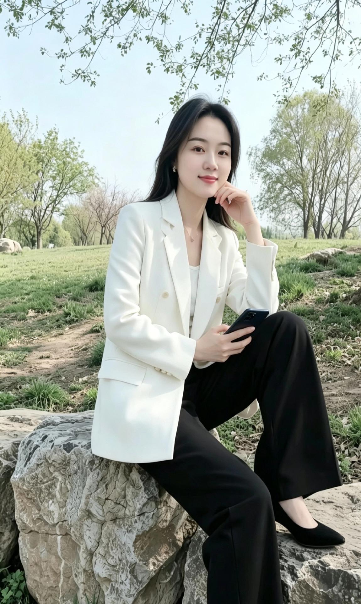 工装佳人撞碎春日温柔
 
谁能想到一身干练西装，能和山野春色适配到极致！草坪林间