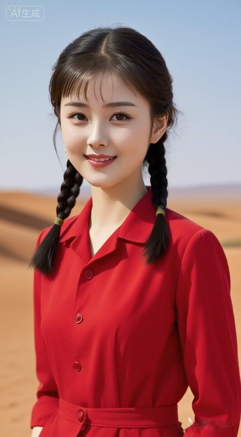 甜美少女在沙漠中绽放，红衣与黑发相映成趣，宛如童话中的公主。