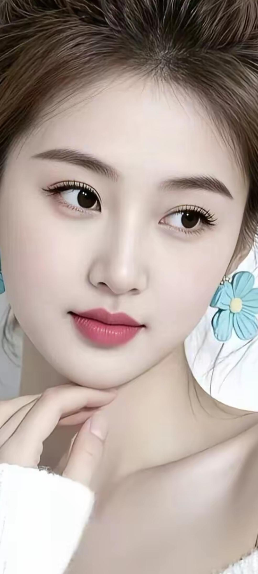 温柔甜美的少女，粉嫩的唇妆，清新的花朵耳饰，让人心动不已。