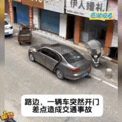 私家车停在路边左侧乘客门突然开启，骑电瓶车的外卖小哥差点撞上，小哥见一个男孩从车