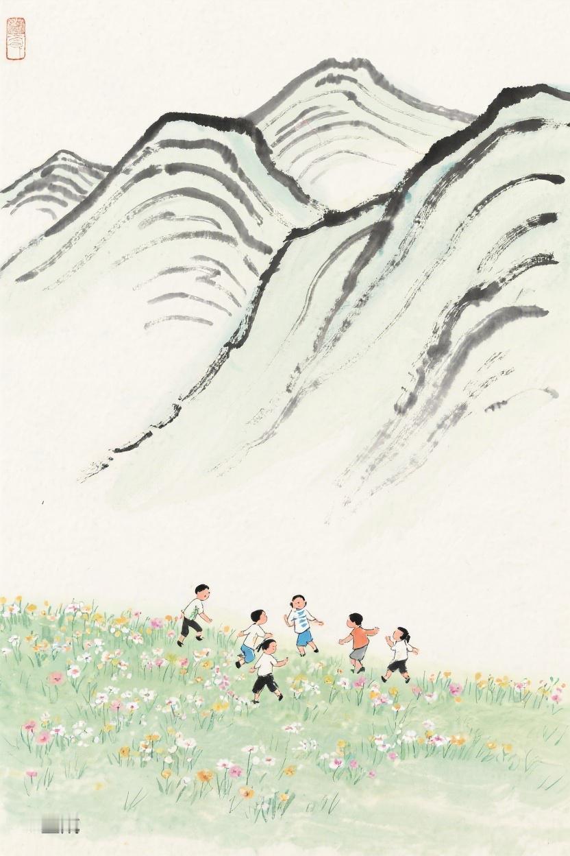 AI随心绘在山野花海间，孩子们尽情奔跑，这便是自由与纯真，让心灵在此刻栖息🎨