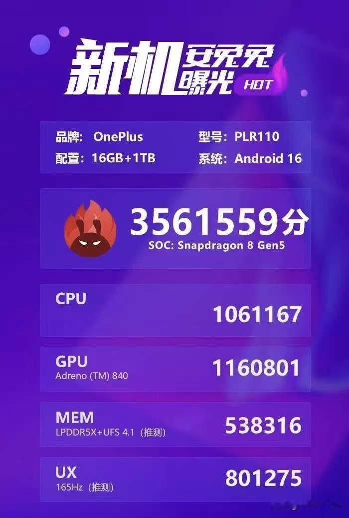 安兔兔公布一加 Ace 6T 跑分成绩，型号 PLR110，首发 骁龙 8 Ge