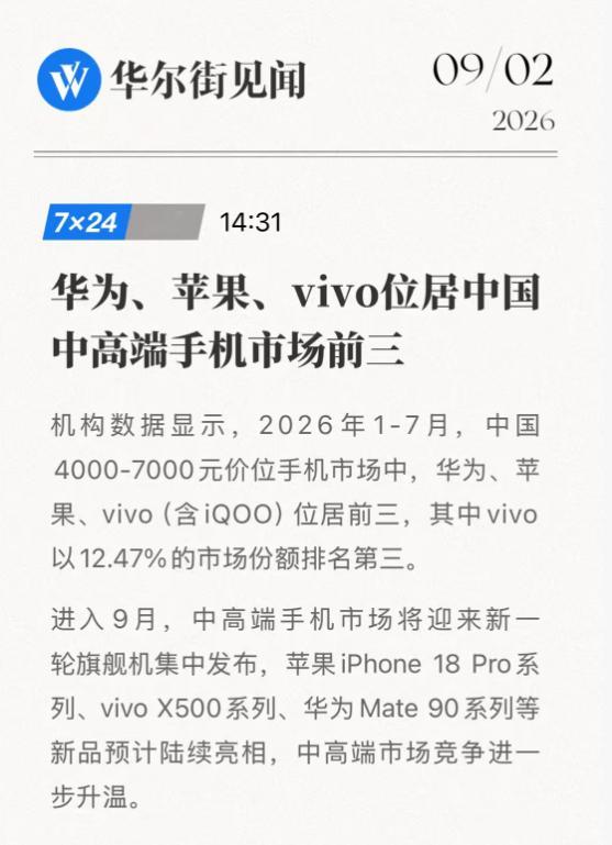 上半年中高端手机市场前三名是华为、苹果、vivo蓝厂这波高端成了期待一下这个月新