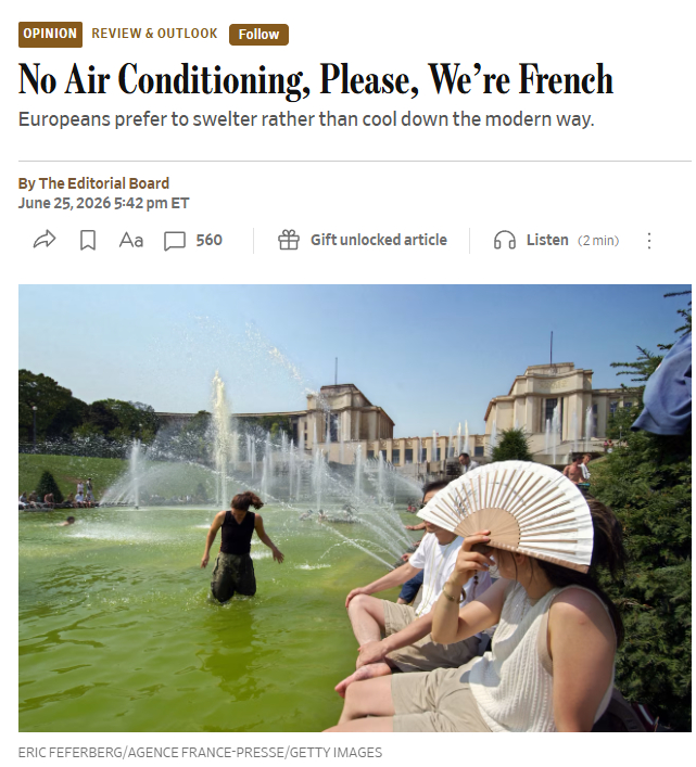 转自华尔街日报：别开空调，我们是法国人  (这篇写的挺逗的，华尔街日报代表美国右