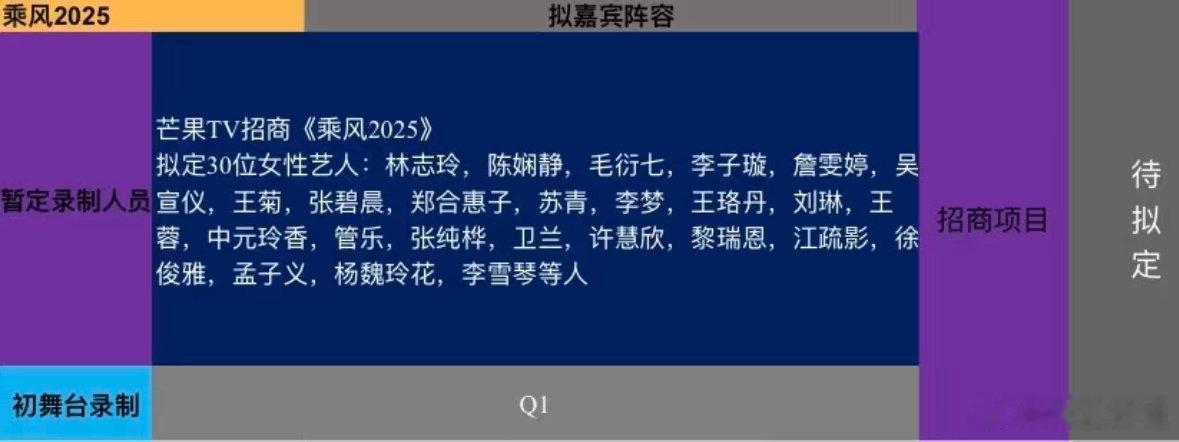 《乘风2025》拟邀阵容：30位女性艺人：林志玲，陈娴静，毛衍七，李子璇，詹雯婷