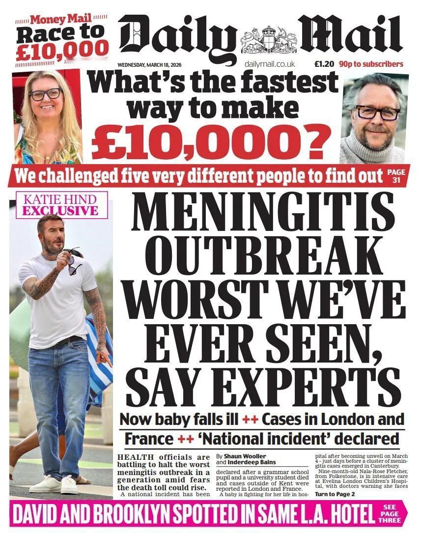 《每日邮报》报道，英国卫生官员称，肯特郡的脑膜炎爆发是这一代以来最严重的一次，担