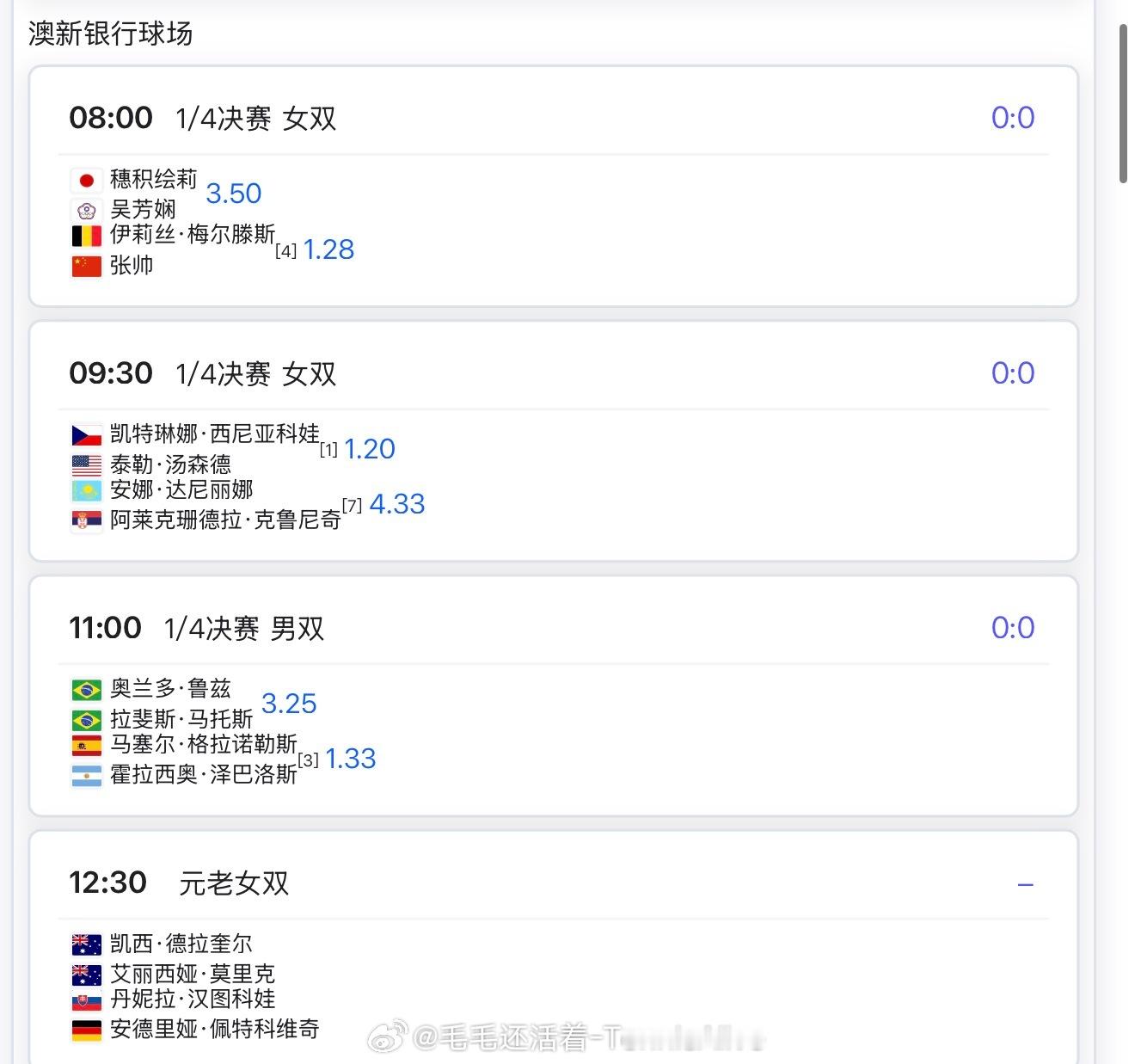 【1月28日澳网第10日比赛赛程】8:00张帅女双1/48:30斯瓦泰克vs莱巴