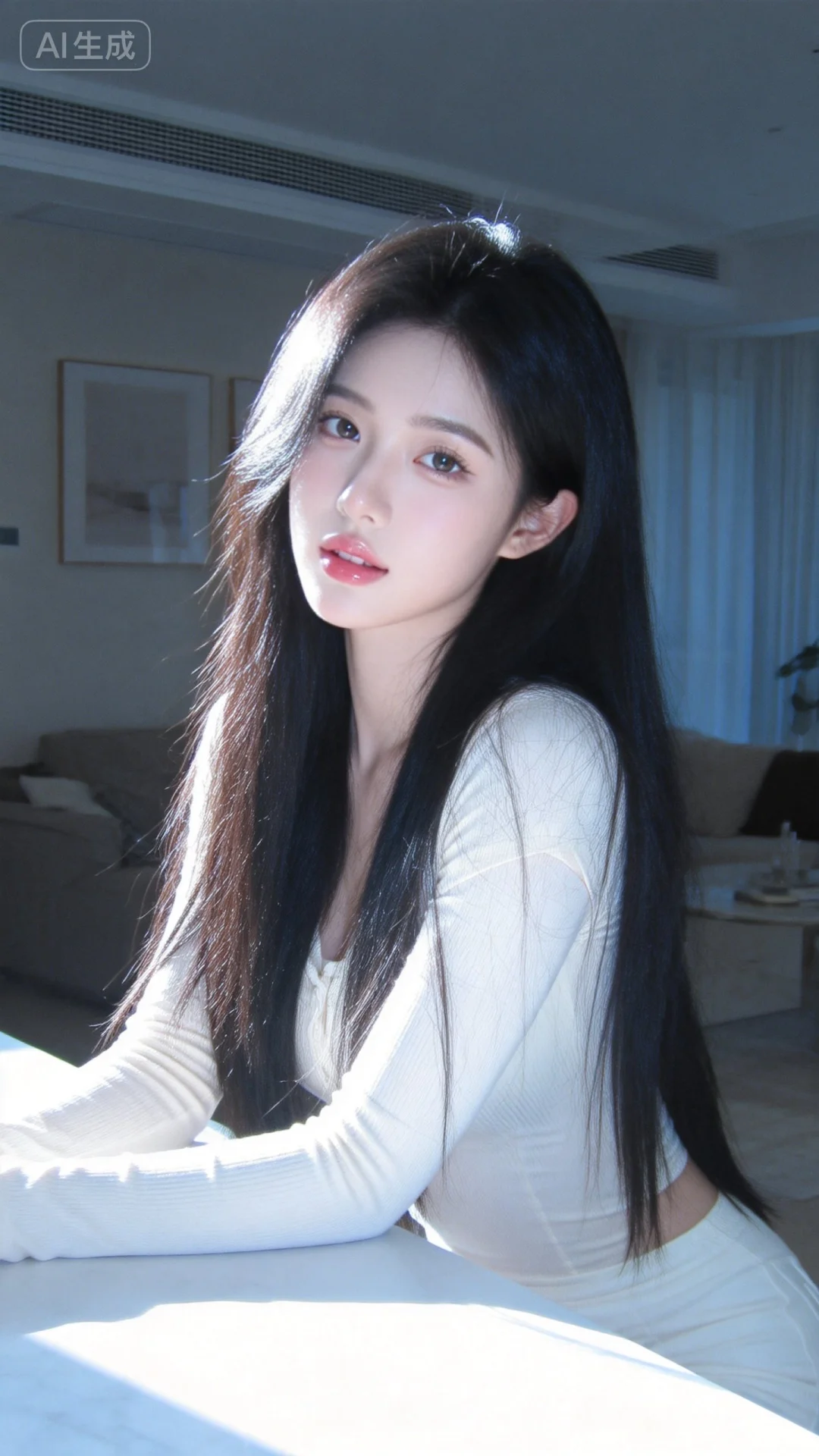 日常快照风格，非精心构图或打光，背景为普通客厅，背景清晰细节丰富，写实...