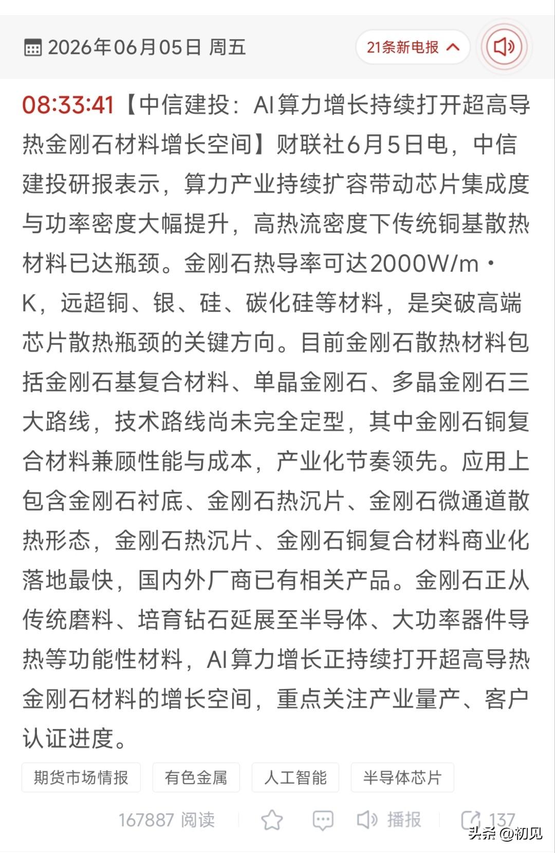 AI散热终极革命！超高导热金刚石材料18只核心受益股全梳理！
 
6月5日中信建
