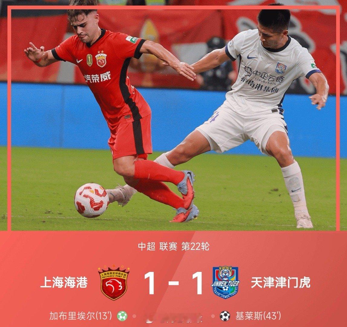 中超战报：基莱斯扳平、蒯纪闻压哨中柱，海港1-1津门虎上海海港vs天津津门虎 ​