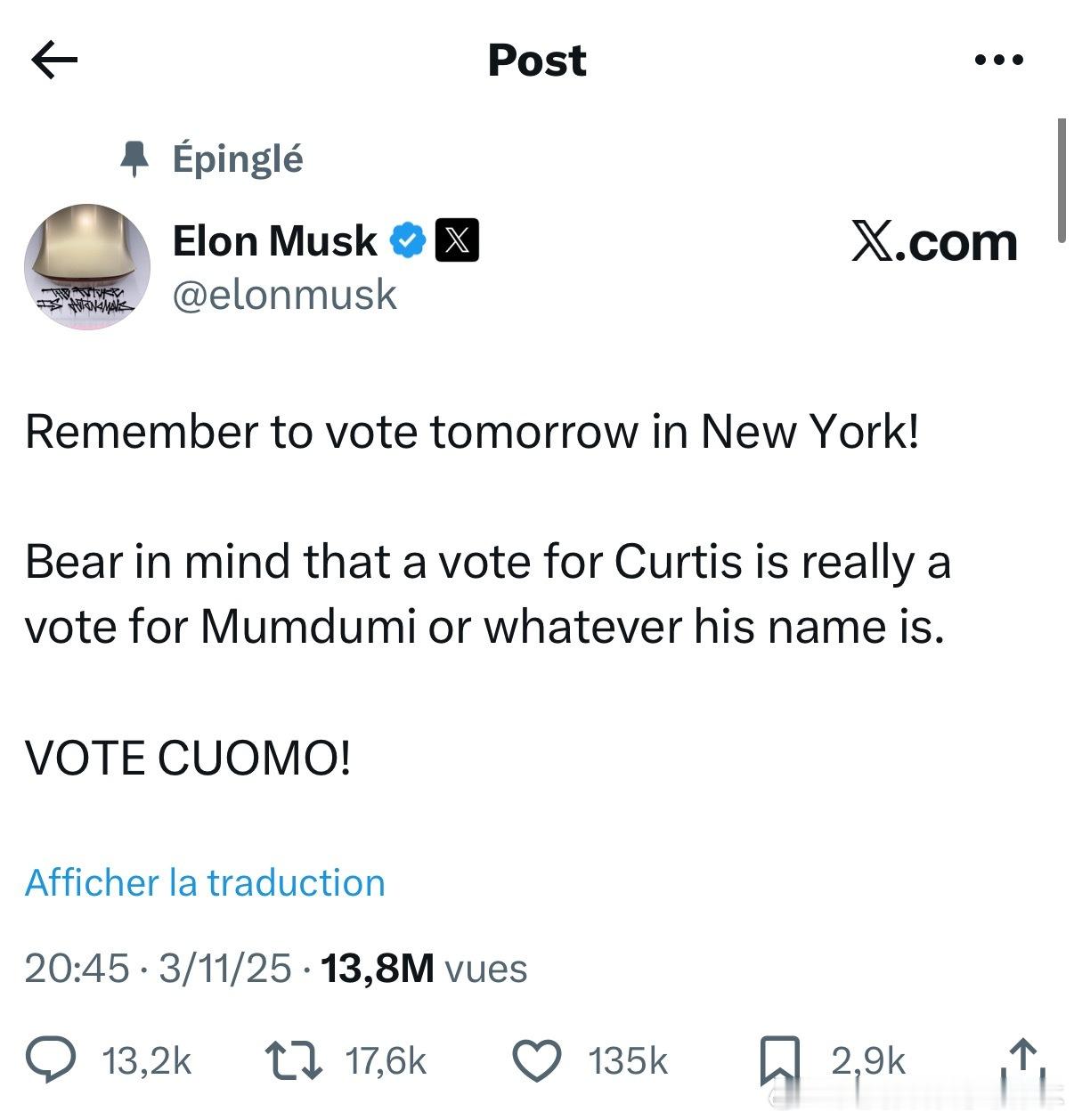 【黄金时代】续前文，和川普如出一辙，马斯克也背科莫：明天记得在纽约投票！记住，投