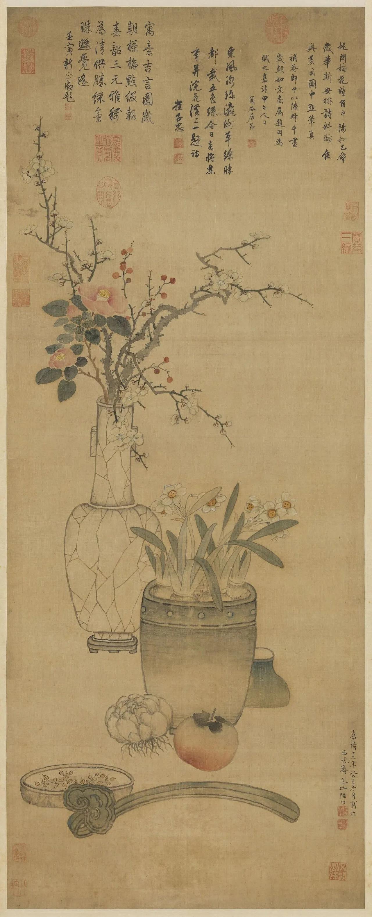 “穗穗如意”
.
这是嘉靖十二年癸巳（1533年）冬月明人陆治所绘的岁朝图。
图