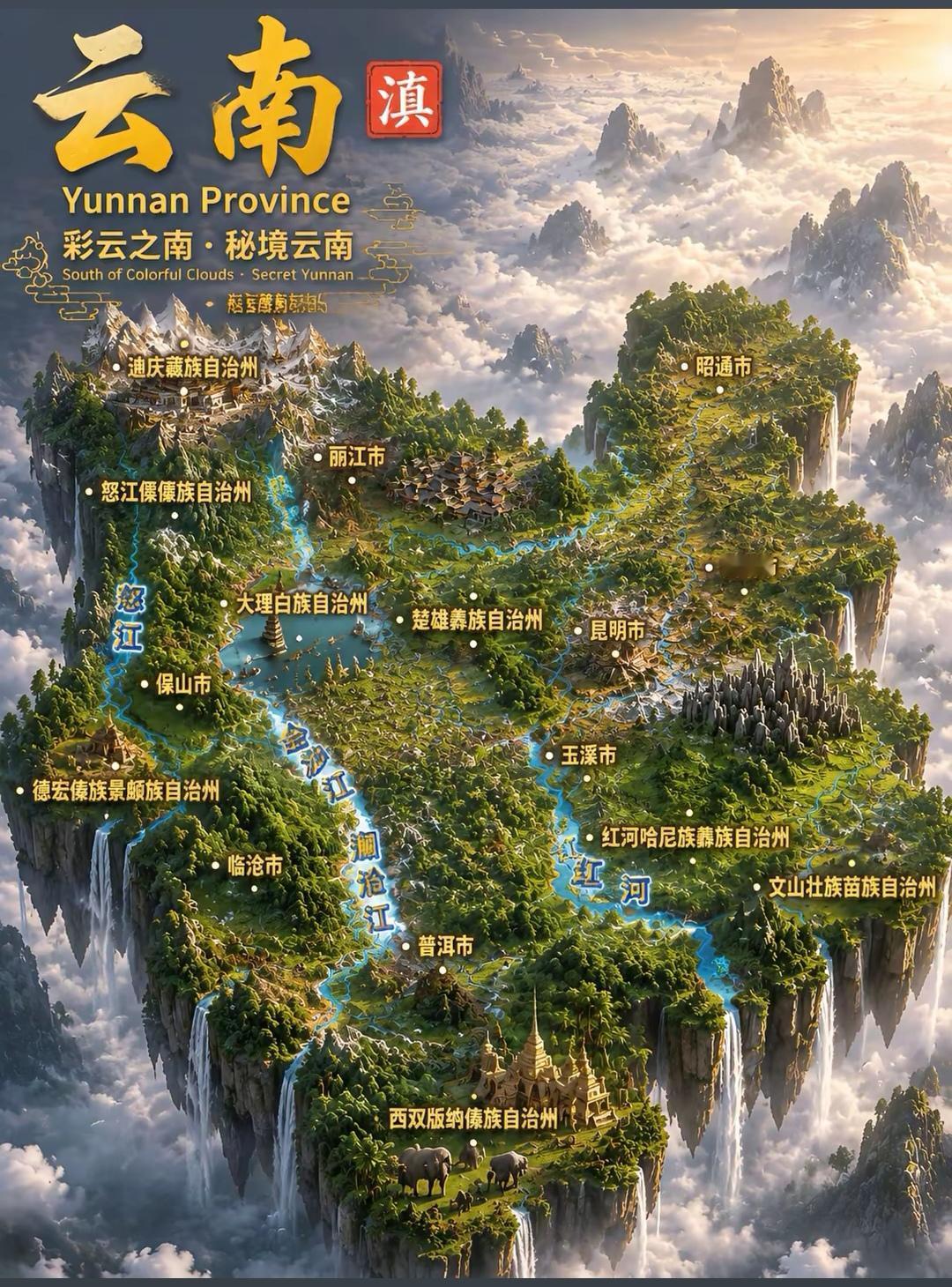 云南的地形真的是把“立体”两个字玩到了极致。
整个地势西北高东南低，从北往南阶梯