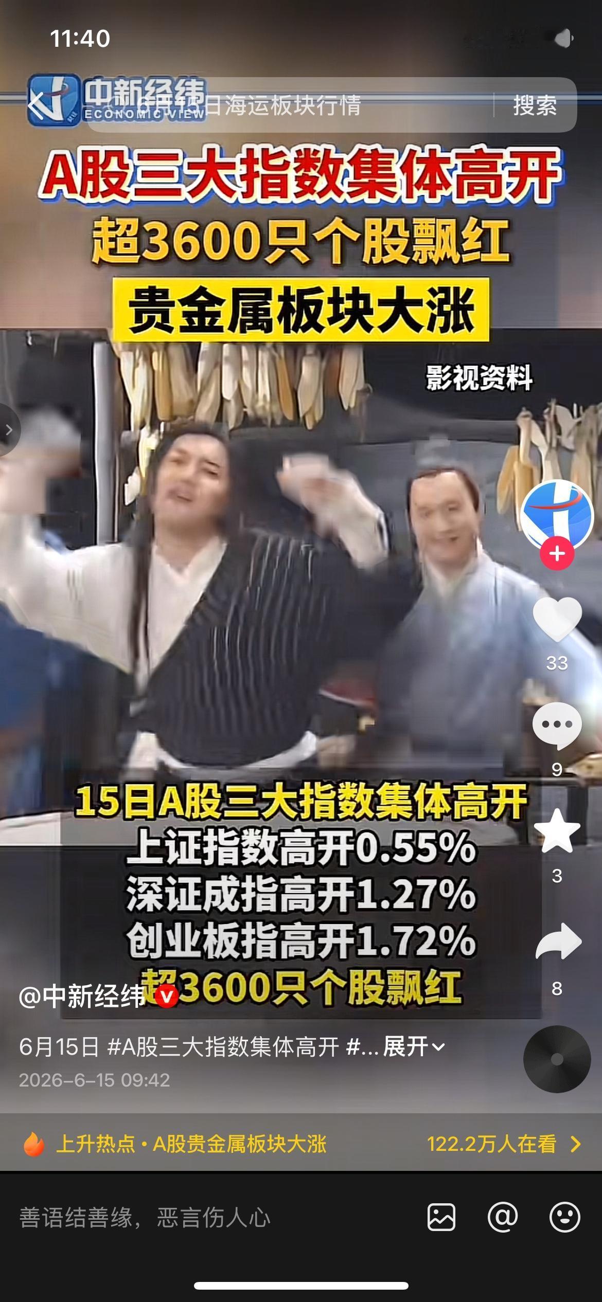 A股集体高开！超3600只个股飘红，贵金属板块直接领涨
6月15日A股三大指数集