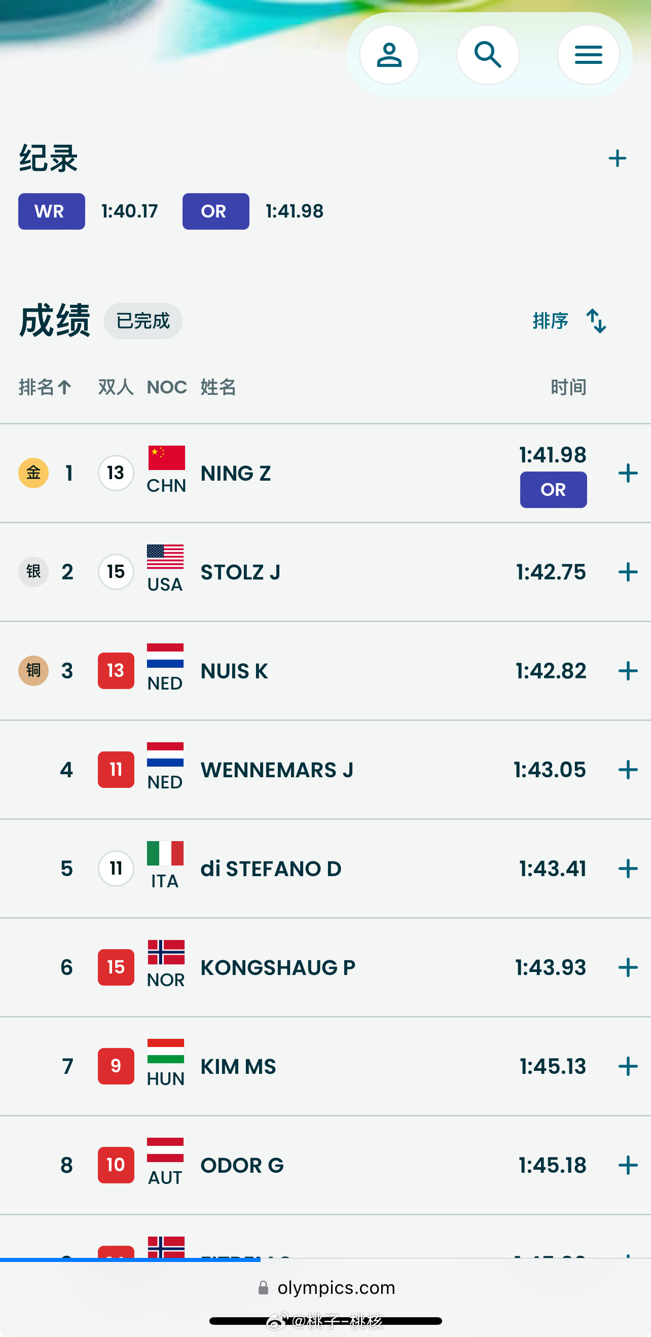 【宁忠岩金牌】米兰冬奥会上，中国队又拿到一枚金牌。在速滑男子1500米比赛里，宁