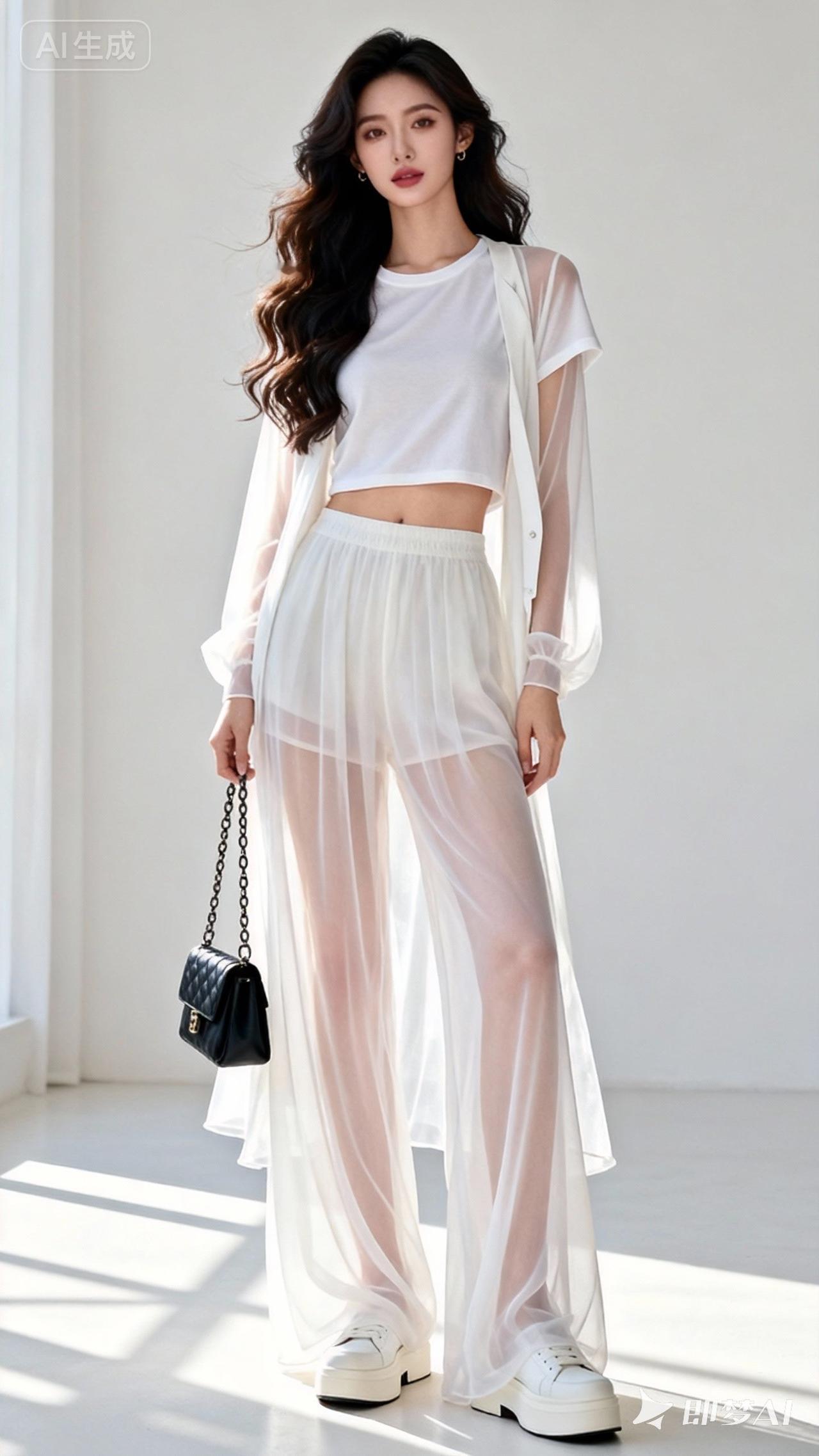 轻盈飘逸的白色透视裤，搭配简约白色T恤，尽显优雅与时尚。