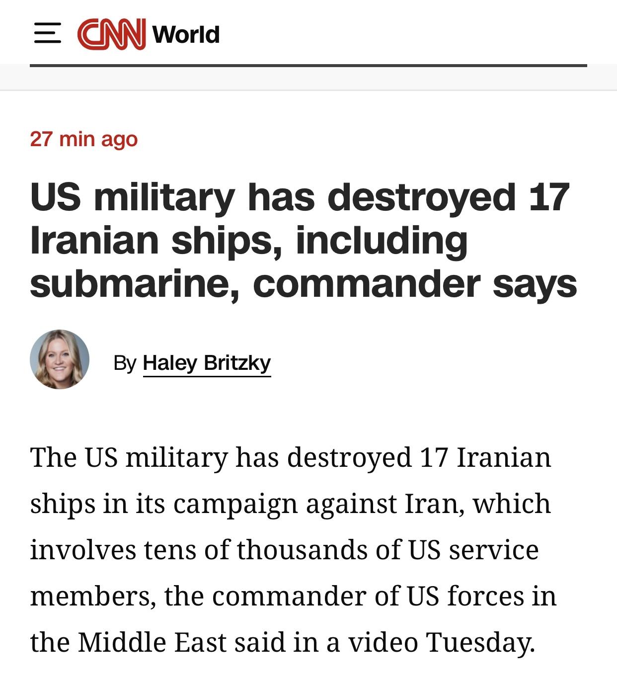 美媒：美军已击沉17艘伊朗舰船

美国有线电视新闻网(CNN)官网3月3日报道：