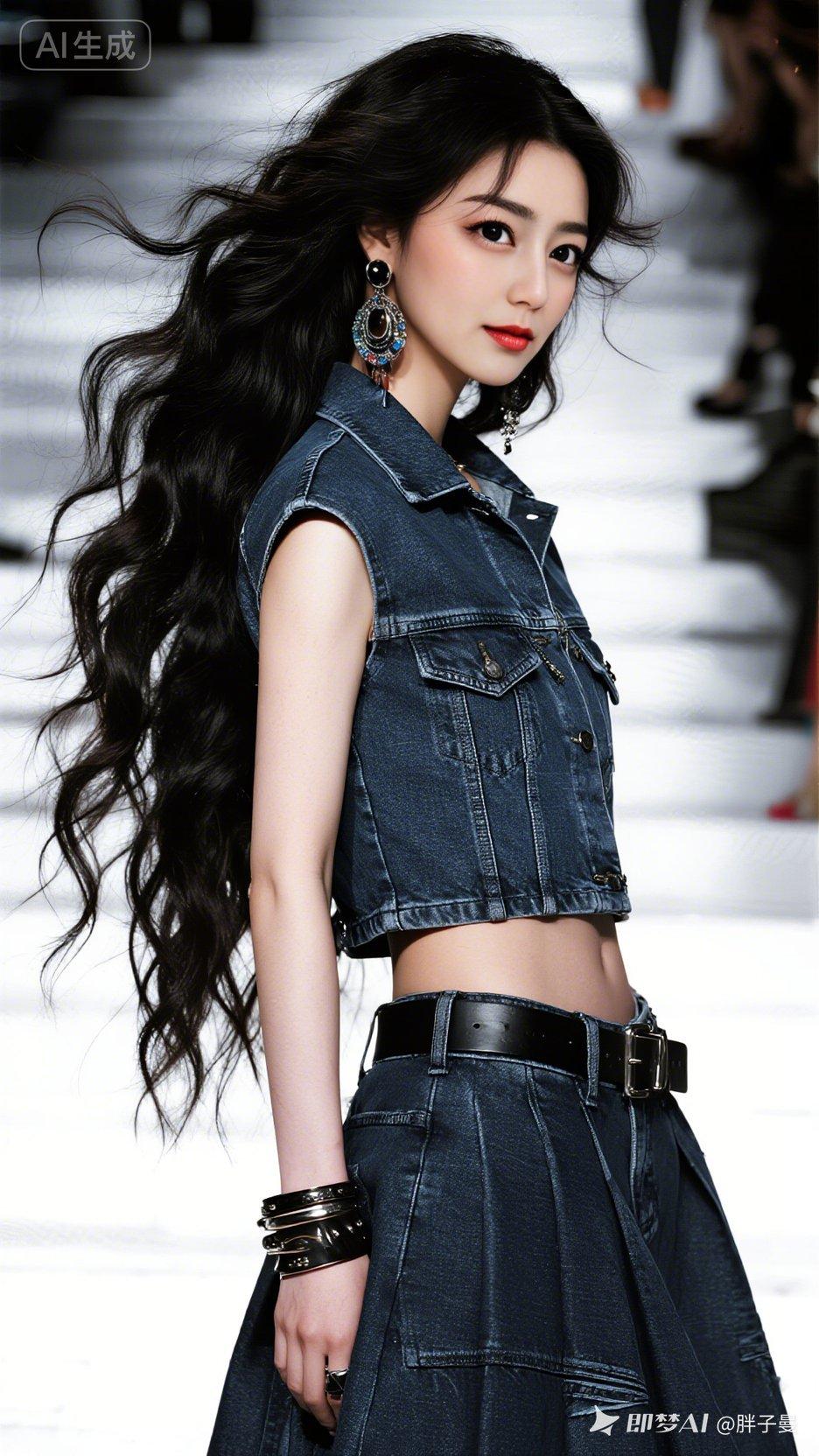 国风超模齐腰浪发随性飘逸，牛仔叠搭阔腿裙裤配潮饰，明暗杂影环绕，黑白淡彩暗调低光