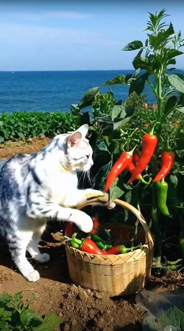 猫卧草丛，食椒香。#喜欢花花的小猫# #春花猫的日常# #悠闲可爱小猫咪#