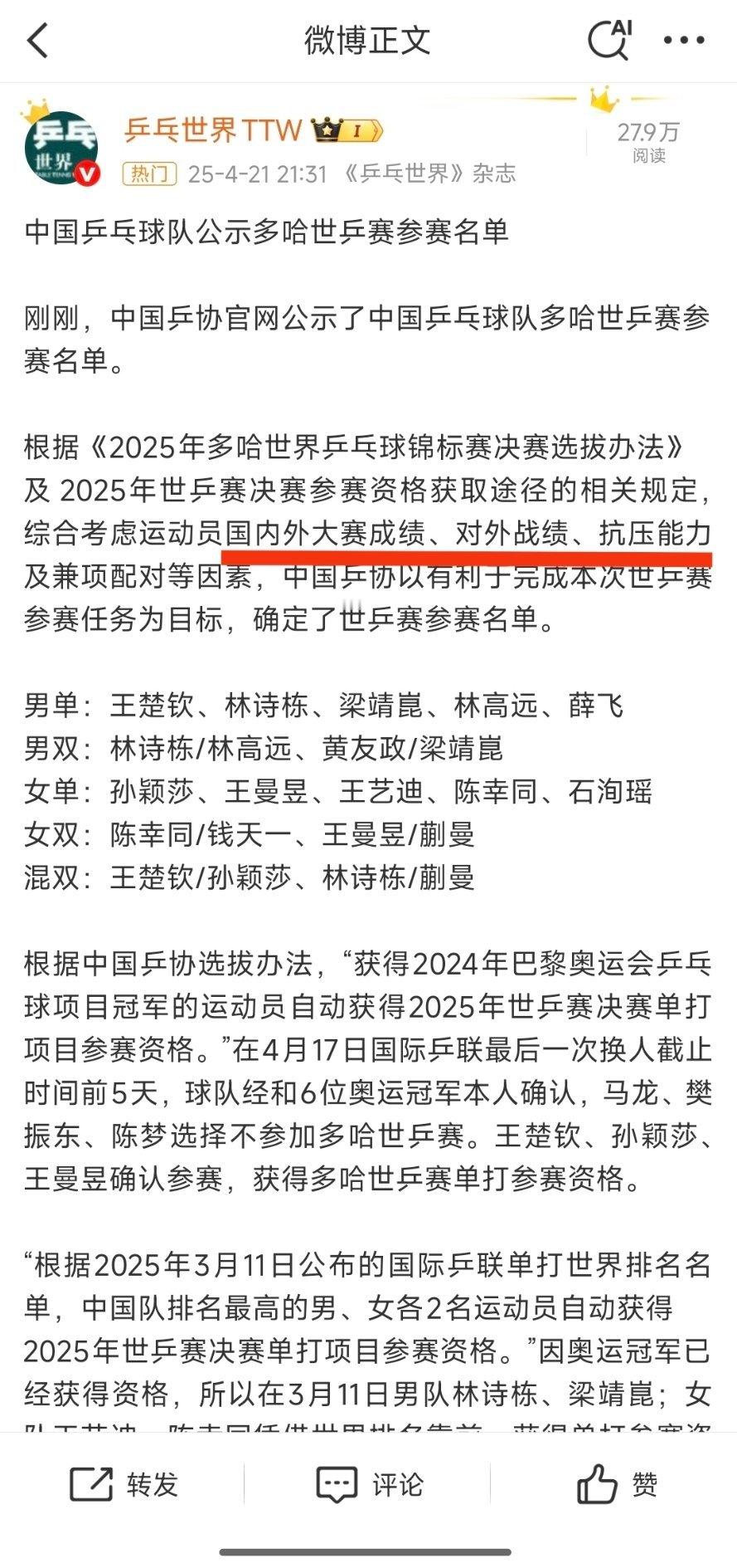 多哈世乒赛名单对照刚丢完的世界杯，自己看看，想笑不？ ​​​