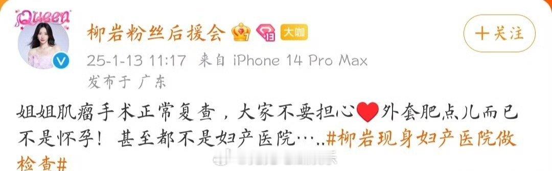 粉丝后援会称柳岩是肌瘤手术复查  柳岩早前就已冻卵 柳岩曾公开透露已冻卵，她表示