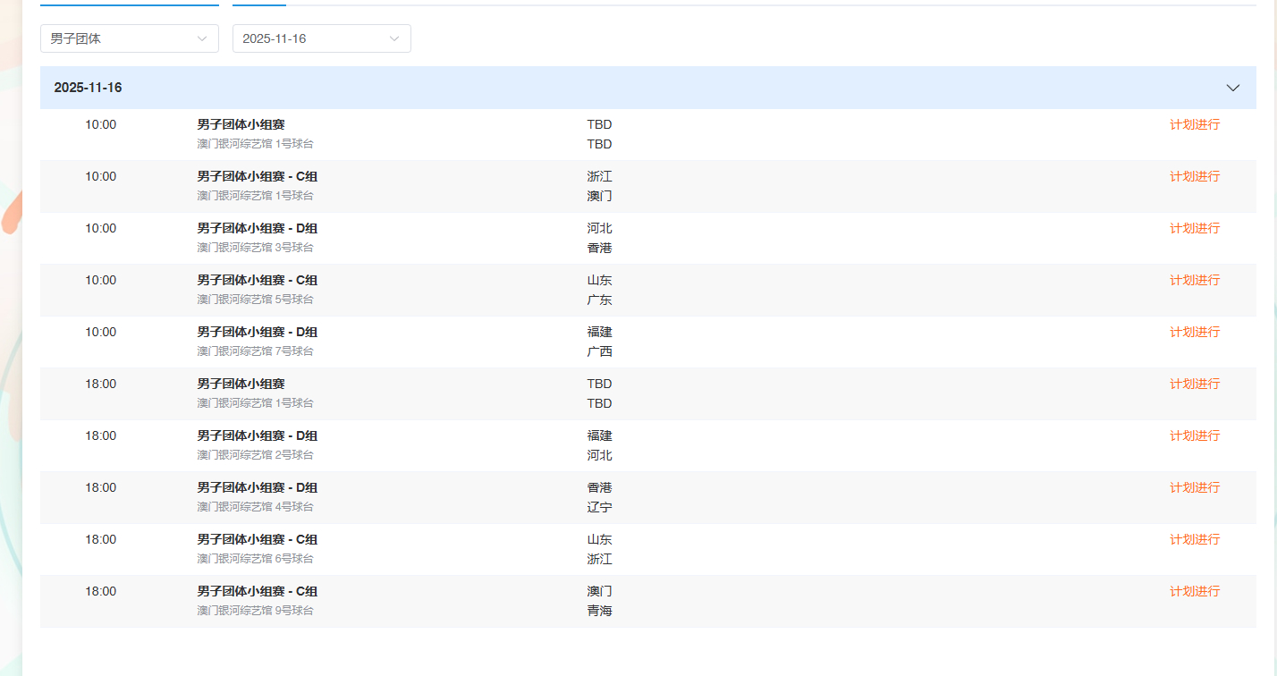 11月16日赛程已出 全天无男团A组比赛 明天团体休息 