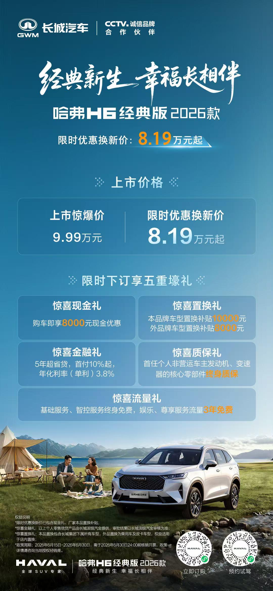 6 月 15 日，哈弗 H6 经典版 2026 款与哈弗 H6L 正式上市，定位