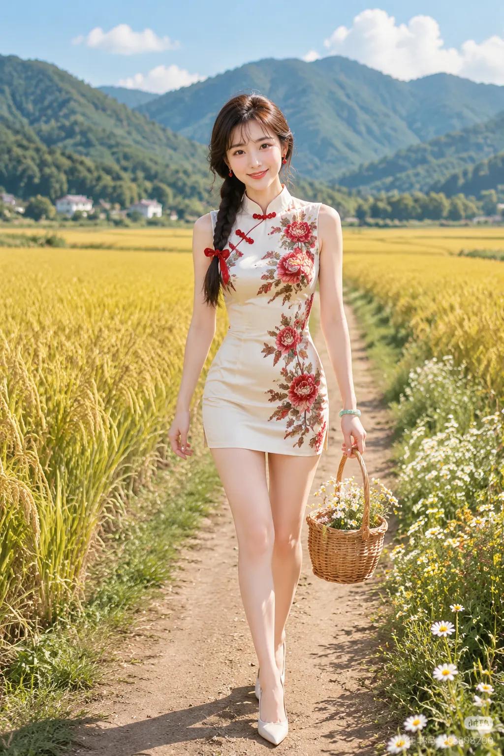 稻浪翻金，远山含黛，她着一袭米白底缀绯红牡丹的改良旗袍，无袖剪裁露出纤臂如藕，短