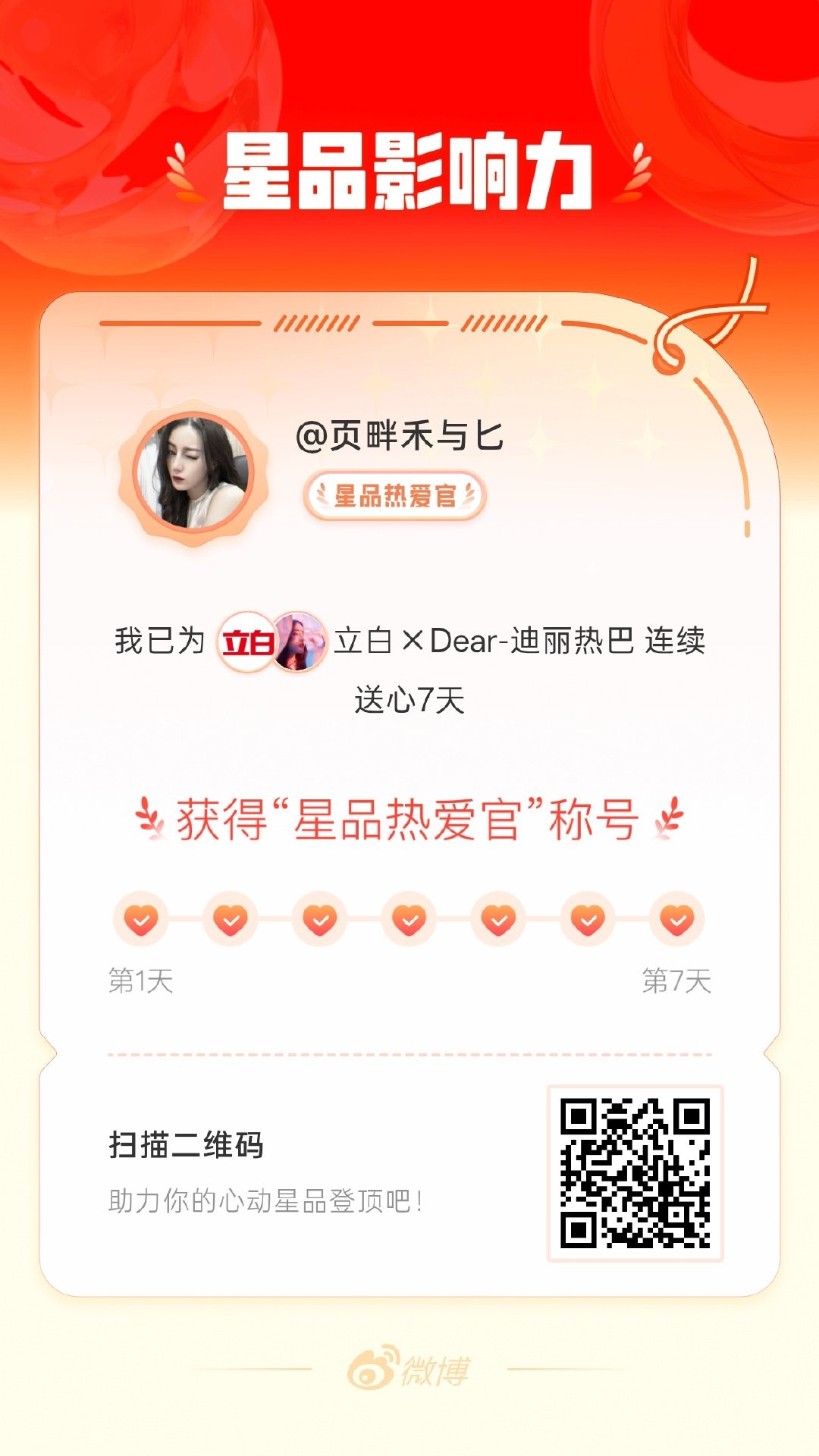 我在星品影响力上为 X 连续送心7天，获得“星品热爱官”称号！快来一起pick你