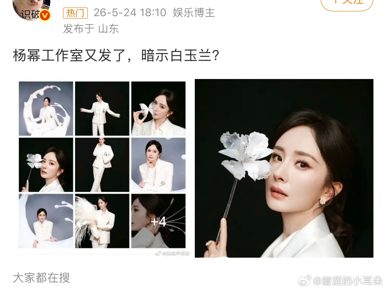 白玉兰赶快出提名吧，这些人快魔怔了，杨幂杨紫拿朵花就是暗示白玉兰提名了。连于和伟