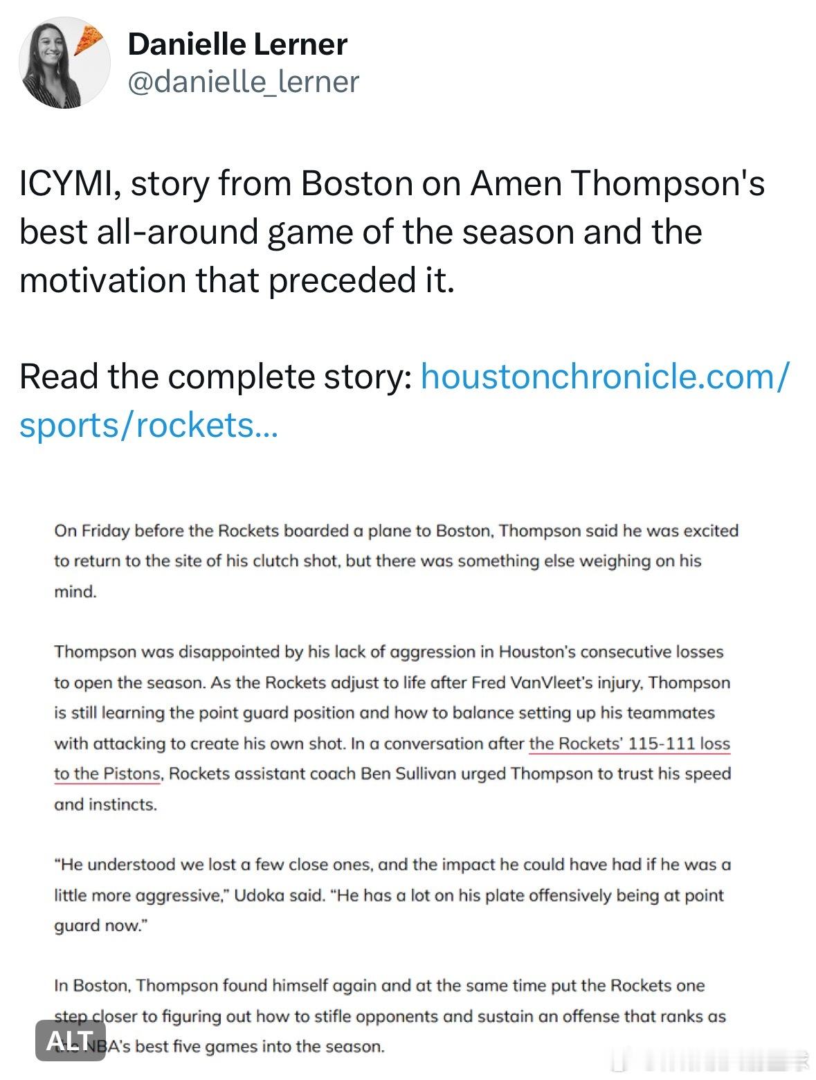 【长文翻译】 | 《阿门·汤普森打出了本赛季最佳全能表现，而这背后正是他赛前所怀